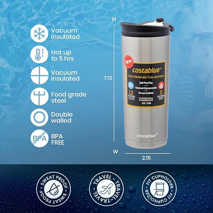 Travel Coffee Mug 16 Oz. Stainless Steel, Leak Proof Dishwasher Safe Lid, Double Wall Coffee Cup, Reusable Insulated Tumbler for Hot & Cold Beverages Eco friendly
