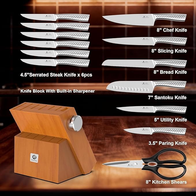 imarku 14-Piece Knife Set with Block, High Carbon Stainless Steel Kitchen Knives with Built-in Sharpener, Dishwasher Safe, Ergonomic Non-Slip Handle, Perfect for Home Cooks & Chefs, Brown