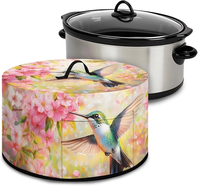 Hummingbird Pink Floral Slow Cooker Dust Cover Compatible with 6-8 qt Crock for Pot Oval Slow Cooker Cover Dustproof Kitchen Appliance Accessories