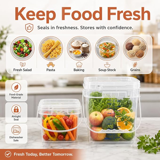 METAPACK 2 Pack 1 Gallon Food Grade Square Bucket with Easy-Open Lids, Food Storage Container & Handle, BPA-Free Plastic Clear Pantry Storage for Cereal, Rice, Flour, Kitchen Organization
