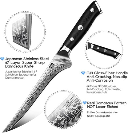 SHAN ZU 7 Inch Fillet Knife, Japanese Steel Damascus Boning Knife, Professional Sharp High Carbon Super Steel Kitchen Utility Knife with Ergonomic G10 Glass Fiber Handle