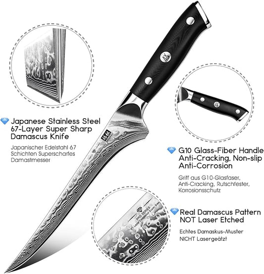 SHAN ZU 7 Inch Fillet Knife, Japanese Steel Damascus Boning Knife, Professional Sharp High Carbon Super Steel Kitchen Utility Knife with Ergonomic G10 Glass Fiber Handle