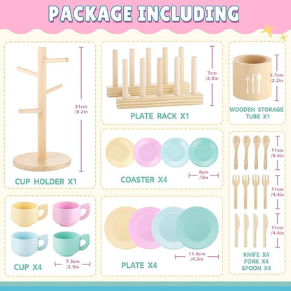 GAGAKU Kids Wooden Play Dishes Set -27Pcs Montessori Play Kitchen Accessories Plates and Bowls Set, Storage Stand & Play Food, Pretend Cooking Toys for Ages 3-5, Educational Gift for Toddler