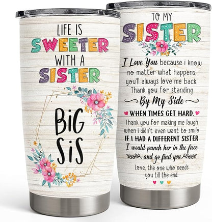 Sister Gifts - Sister Stainless Steel 20oz Tumbler, Insulated Travel Mug, Gifts for Birthday, Christmas, Women, Girls, Best Friends