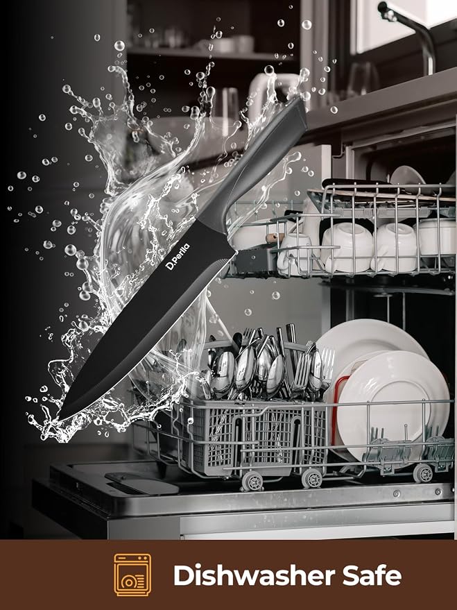 Knife Set, D.Perlla 8-Piece Kitchen Knife Set with Built-in Sharpener, Dishwasher Safe Non-stick & Non Rust, Black Coating Stainless Steel Knife Block Set, Sharp Chef Knives with Universal Knife Block