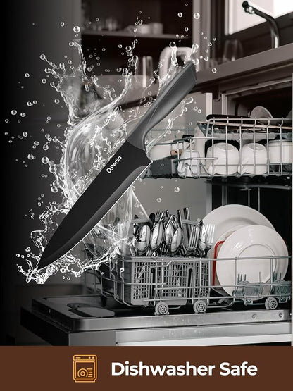Knife Set, D.Perlla 8-Piece Kitchen Knife Set with Built-in Sharpener, Dishwasher Safe Non-stick & Non Rust, Black Coating Stainless Steel Knife Block Set, Sharp Chef Knives with Universal Knife Block