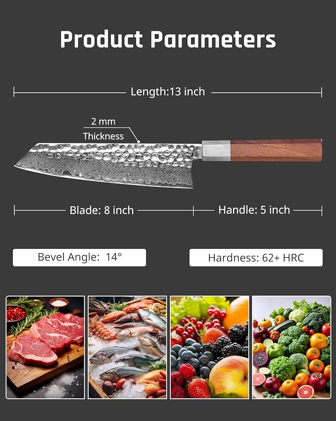 YOTSUBA 8 inch Japanese Kiritsuke Chef Knife, Hand Forged Damascus Kitchen Knife, 9Cr18MoV High Carbon Steel Knife, Professional Chefs Knife with Ergonomic Rosewood Handle