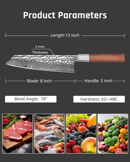 YOTSUBA 8 inch Japanese Kiritsuke Chef Knife, Hand Forged Damascus Kitchen Knife, 9Cr18MoV High Carbon Steel Knife, Professional Chefs Knife with Ergonomic Rosewood Handle