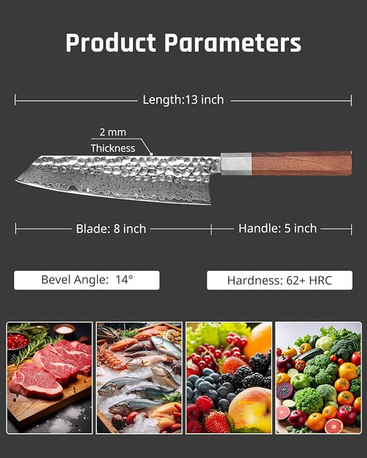 YOTSUBA 8 inch Japanese Kiritsuke Chef Knife, Hand Forged Damascus Kitchen Knife, 9Cr18MoV High Carbon Steel Knife, Professional Chefs Knife with Ergonomic Rosewood Handle
