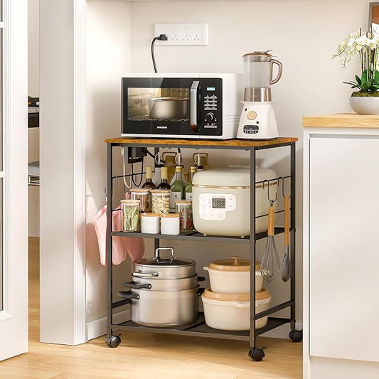 ThreeHio Rolling Kitchen Microwave Cart with Power Outlet, 3 Tier Microwave Table Stand with Storage, Kitchen Utility Cart on Wheels, Small Coffee Cart Shelf Rack Organizer for Living Room Office