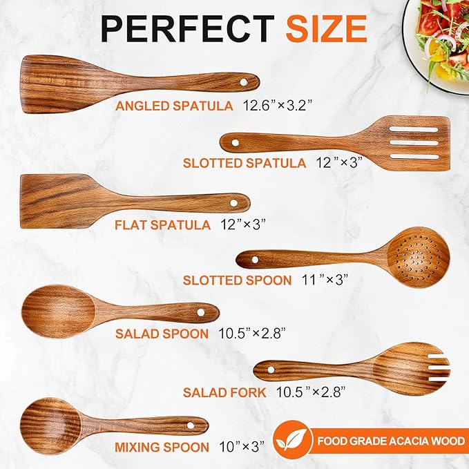 7 Pcs Acacia Wood Cooking Utensils Set Large Wooden Spoons for Cooking Spatula Salad Mixing Spoon Non Toxic Utensil for Kitchen Use Spatulas Non Stick Turner Slotted Serving Spoon Kitchen Utensils