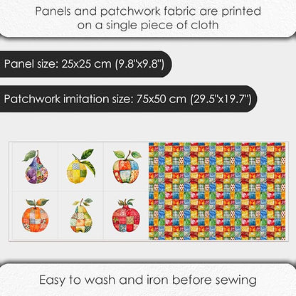 Fruit Patchwork Cotton Fabric Panel – 6 Fruit Designs (10×10 inch Each) + Bonus Patchwork Sheet 29.5×19.6 inch, 100% Cotton 140 GSM