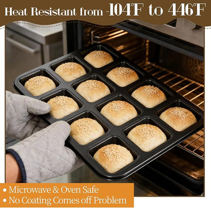 4 Pack Brownie Pan, 12 Cavity All Edges Square Cupcake Brownie Pans Mini Cake Non-stick Bakeware for Bread Loaf Cake Cookie Oven, Heavy Duty Carbon Steel Mini Muffin Pan