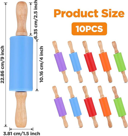 10 Pcs 9 Inch Mini Rolling Pin for Kids, Silicone Wooden Non-Stick Cooking Pins Baking, 5 Colors for Kitchen Dough Cookie Pastry Fondant Cake