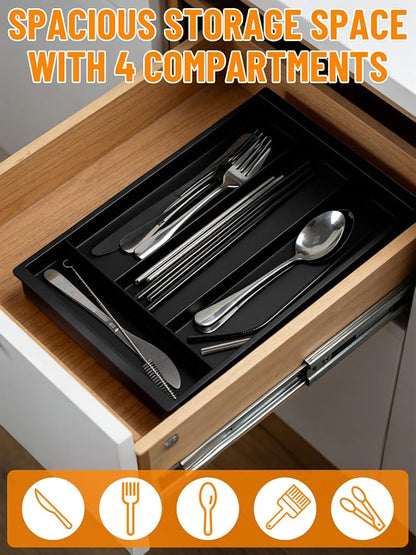 Silverware Drawer Organizer Tray, Adjustable Small Utensil Holder for Spoon and Fork, Expandable Flatware Cutlery Tray for Kitchen Drawers (Black)