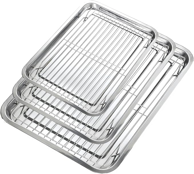 Baking Sheet with Cooling Rack Set, 3 Stainless Steel Baking Pan Cookie Sheet with 3 Cooling Rack, 9/12/16 Inch Cookie Tray Pans for Baking, Non Toxic & Easy Clean
