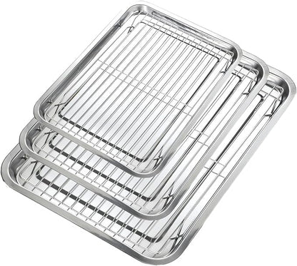 Baking Sheet with Cooling Rack Set, 3 Stainless Steel Baking Pan Cookie Sheet with 3 Cooling Rack, 9/12/16 Inch Cookie Tray Pans for Baking, Non Toxic & Easy Clean