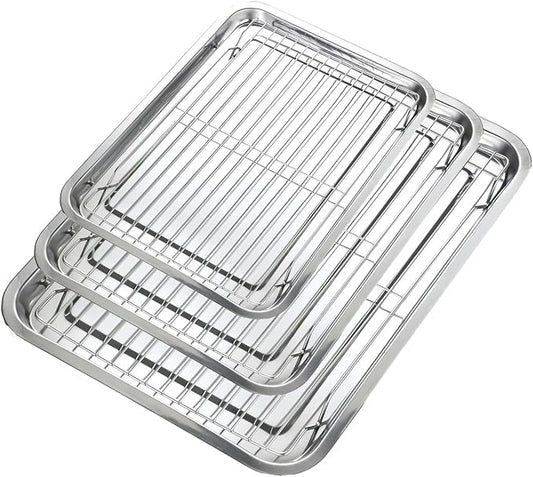 Baking Sheet with Cooling Rack Set, 3 Stainless Steel Baking Pan Cookie Sheet with 3 Cooling Rack, 9/12/16 Inch Cookie Tray Pans for Baking, Non Toxic & Easy Clean