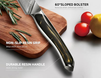 ASETY Damascus Knife Set 3 PCS: Ultra-Sharp Professional Chef Knife Set, Japanese Kitchen Knives with VG10 Steel Core, Full Tang Resin Handle, Elegant Box for Men Women, Fathers day