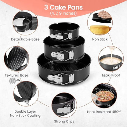 RFAQK 150PCs Cake Pan Set for Baking + Cake Decorating Supplies: 3 Round Non Stick Springform Pan Set (4, 7, 9 inches),24 Icing Tips,Cake Leveler–Multi-functional Leak-Proof Cake Pans & eBook