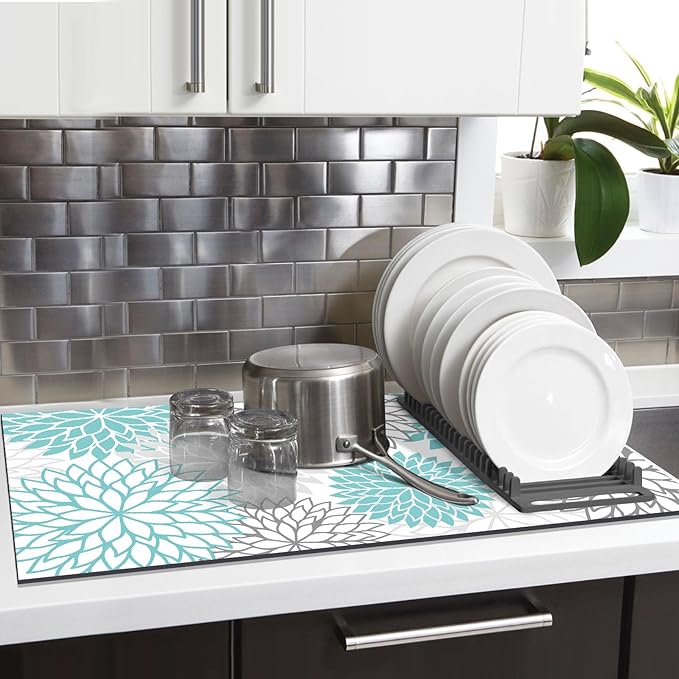 Findosom 2PCS 17" x 32" Dish Drying Mat & 24" x 5.5" Sink Splash Guard, Super Absorbent & Cuttable Dish Mat Drying Kitchen Mat with Teal Floral, Hide Stain Drying Mat for Kitchen Counter
