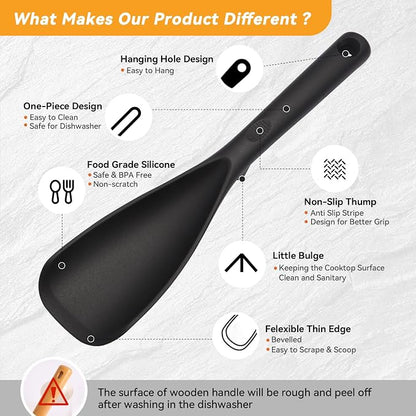 12.6" Extra Long Silicone Spatula Spoon for Nonstick Cookware, Seamless One-Piece Design Cooking Spoon with Built-in Tool Rest for Mixing, Scoop and Scrape, Dishwasher Safe, Black & Gray