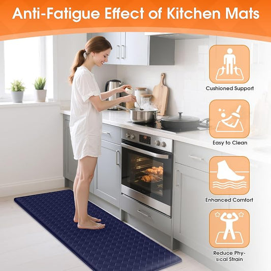 TranquilRelax Kitchen Mats, 2PCS Kitchen Rugs, Cushioned Anti Fatigue Kitchen Mats for Floor, Non-Slip Standing Desk Mat, Waterproof Kitchen Rug Set for Kitchen, Floor, Office,17.3"×30"+17.3"×47",Blue