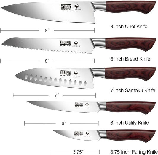 HOSHANHO 5-Piece Japanese Style Kitchen Knife Set,Professional Ultra Sharp High-Carbon Stainless Steel Chefs Knives with Ergonomic Wood Handle,Elegant Box Packaging