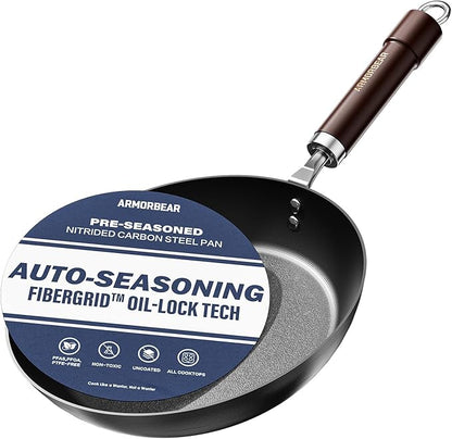 10 Inch Auto-Seasoning Nitrided Carbon Steel Pan, Professional Skillet for Induction Stovetop and Daily Searing, Pre-seasoned Frying Pan, Wooden Handle, PFAS & PFOA-Free