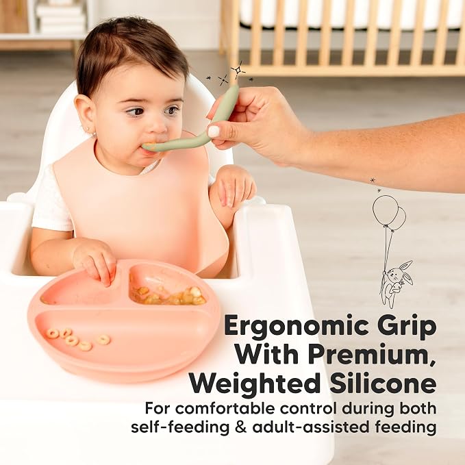 KeaBabies Silicone Baby Spoons, Self Feeding 6-12 months - 3-Pack Baby Weaning Eating Utensils, Toddler First Food Training Spoon, Infant, Kids Feeding Supplies Essential Set, Dishwasher-safe (Sage)