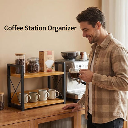 2-Tier Countertop Organizer, Iron-Wood Coffee Station Shelf, Heavy Duty Kitchen Counter Spice Rack for Coffee Bar, Pantry, Bathroom Storage (Bamboo)