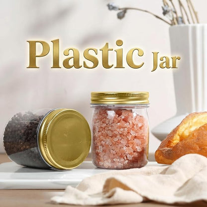 novelinks 8 oz Clear Plastic Jars with Airtight Lids, 16 Pack Plastic Mason Jars with Lids 8oz, Refillable Storage Slime Containers & Small Spice Jar for Kitchen Organization (16 Pack,Gold)
