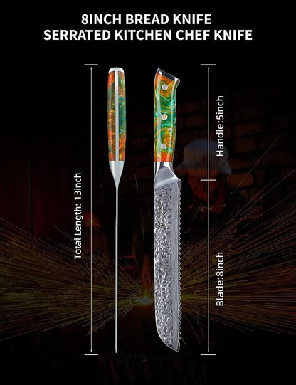8" Bread Knife Serrated Blade- Hammered Damascus Steel & Resin Handle - Yao Series