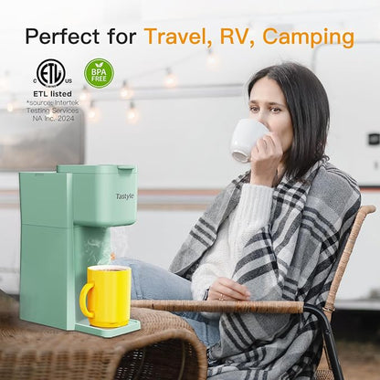 Tastyle Mini Hot and Iced Coffee Maker Single Serve, for K Cup and Ground, 6 to 14 Oz Brew Sizes, with Recipe Book, for Home, Travel, RV, Office and Dorm, Mint