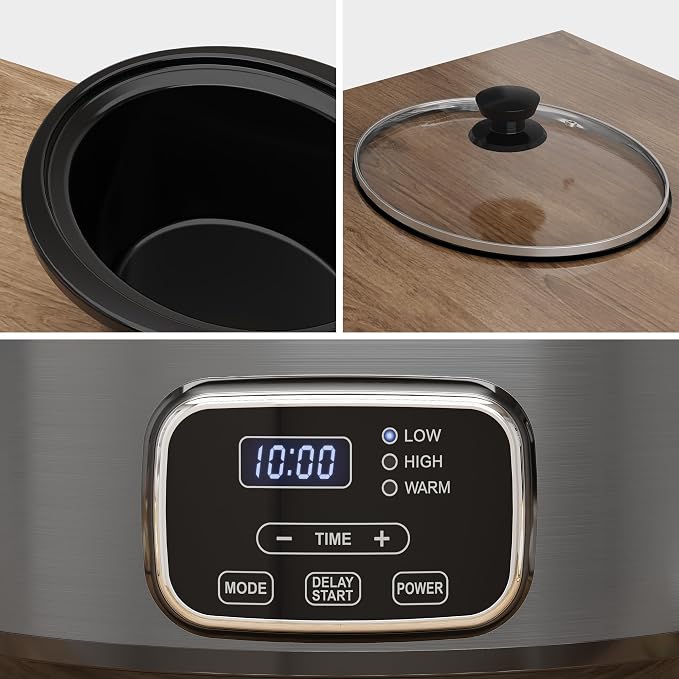 4QT Slow Cooker, Programmable Pot with Removable Ceramic Pot, Locking Lid, 3 Heating Settings & Time Control,Dishwasher-safe Lid & Pot, Grey
