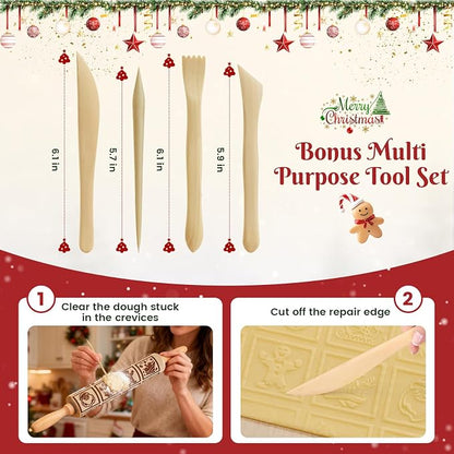 Gobam Embossed Rolling Pin for Cookies, Engraved Wooden Rolling Pin for Baking, Deep Pattern Cookie Roller for Christmas, Holiday, DIY Kitchen Decor and Gift - Christmas Classic