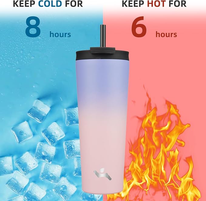Konokyo 26 OZ Insulated Tumbler with Lid and 2 Straws Stainless Steel Water Bottle Vacuum Travel Mug Coffee Cup,Pastel Sunset