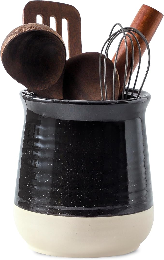 HASENSE Ceramic Utensil Holder for Countertop, 7.1" Large Kitchen Utensil Caddy for Kitchen Organizer, Glossy Black Cooking Utensil Holder to Hold Spatulas, Utensil Crock for Farmhouse Decor