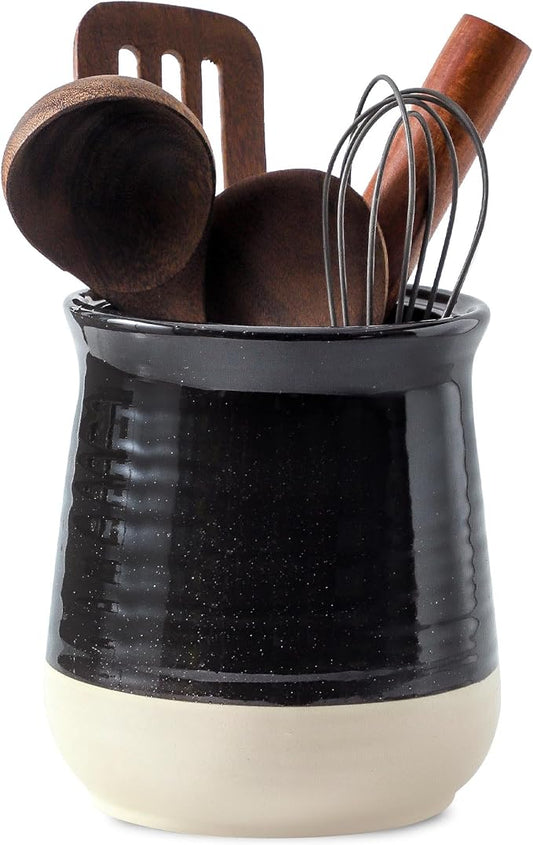 HASENSE Ceramic Utensil Holder for Countertop, 7.1" Large Kitchen Utensil Caddy for Kitchen Organizer, Glossy Black Cooking Utensil Holder to Hold Spatulas, Utensil Crock for Farmhouse Decor