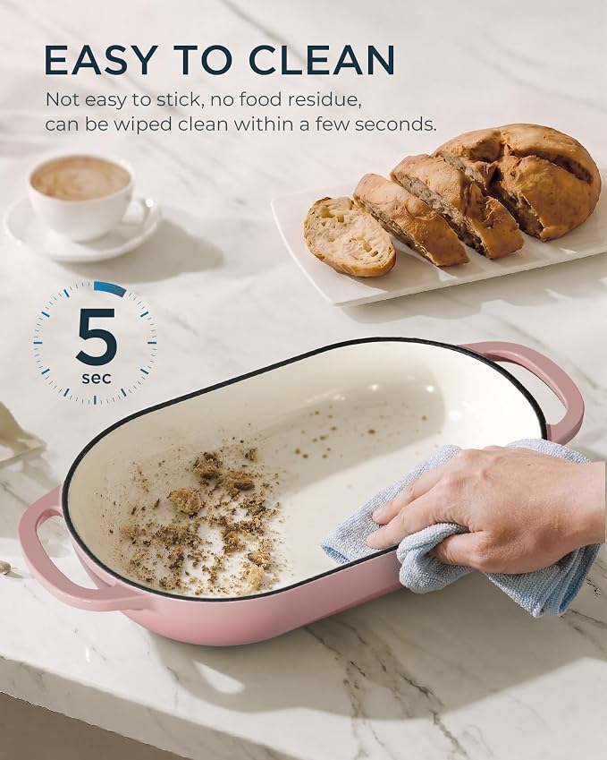 Enameled Cast Iron Bread Oven, 5QT Cast Iron Dutch Oven for Homemade Sourdough Bread Baking, Oval Bread Pot with Dome Lid & Cotton Potholders, Gentle Pink