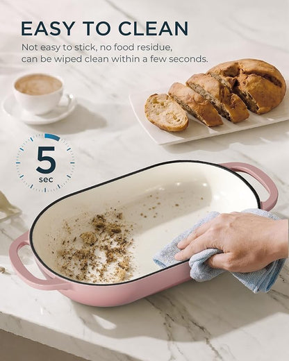 Enameled Cast Iron Bread Oven, 5QT Cast Iron Dutch Oven for Homemade Sourdough Bread Baking, Oval Bread Pot with Dome Lid & Cotton Potholders, Gentle Pink