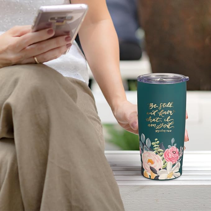 Christian Art Gifts Large Stainless Steel Inspirational Travel Mug Tumbler for Women: Be Still & Know Encouraging Scripture, Vacuum Insulated, Hot/Cold, Retractable Lid, Teal Multicolor Foral, 18 oz.