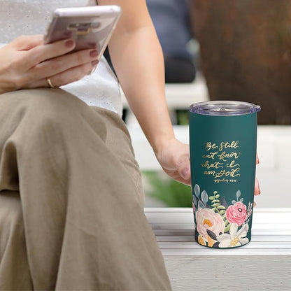 Christian Art Gifts Large Stainless Steel Inspirational Travel Mug Tumbler for Women: Be Still & Know Encouraging Scripture, Vacuum Insulated, Hot/Cold, Retractable Lid, Teal Multicolor Foral, 18 oz.