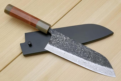 Yoshihiro Black-Forged High Performance SLD Damascus Steel Santoku Multipurpose Knife (7'' (180mm), Ironwood Handle) (With Saya)