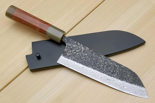 Yoshihiro Black-Forged High Performance SLD Damascus Steel Santoku Multipurpose Knife (7'' (180mm), Ironwood Handle) (With Saya)