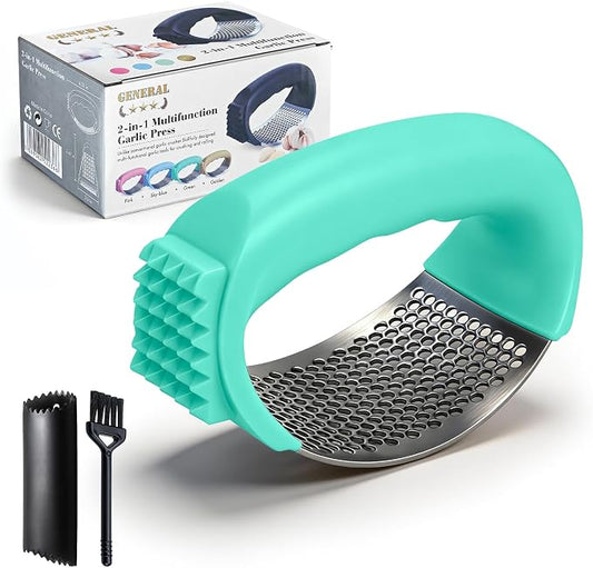 Garlic Press Rocker 304 Stainless Steel Garlic Mincer Crusher Easy to Clean Dishwasher Safe Textured End for Light Tenderizing, with Silicone Peeler and Cleaning Brush (Green)