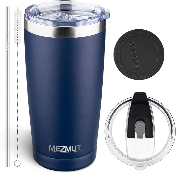 MEZMUT 20oz Tumbler Coffee Travel Mug with Daul Lid and Straw, Stainless Steel Double Wall Vacuum Spill Proof Insulated Tumbler, Hot or Iced Coffee Cups for Drinks (1Pack, Navy Blue)