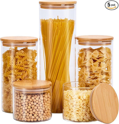 Glass Food Storage Jars with Lids[Set of 5], Perfect for Pasta, Cookies, Nuts, Coffee, Cereal, Flour, Organize Your Kitchen and Pantry with these BPA-Free Glass Jars with Canisters