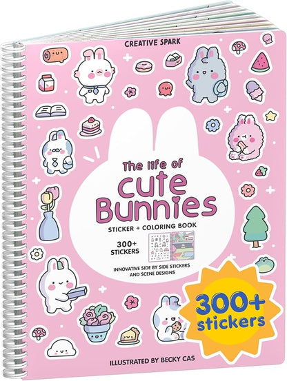 Life of Cute Bunnies 300+ Kids Sticker Book by Cupkin Toddler Airplane Travel Coloring Book, Easter Basket Stuffer, Road Trip Essentials, 8 Coloring Pages 8 Side by Side Scenes for Ages 2–8 Years