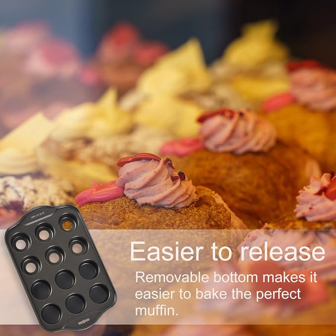 2 Pack Mini Muffin Pan with Removable Bottom, 12 Cavity Nonstick Mini Cupcake Pans Set, Carbon Steel Small Muffin tins, 24 Cups Mini Cheesecake Pan